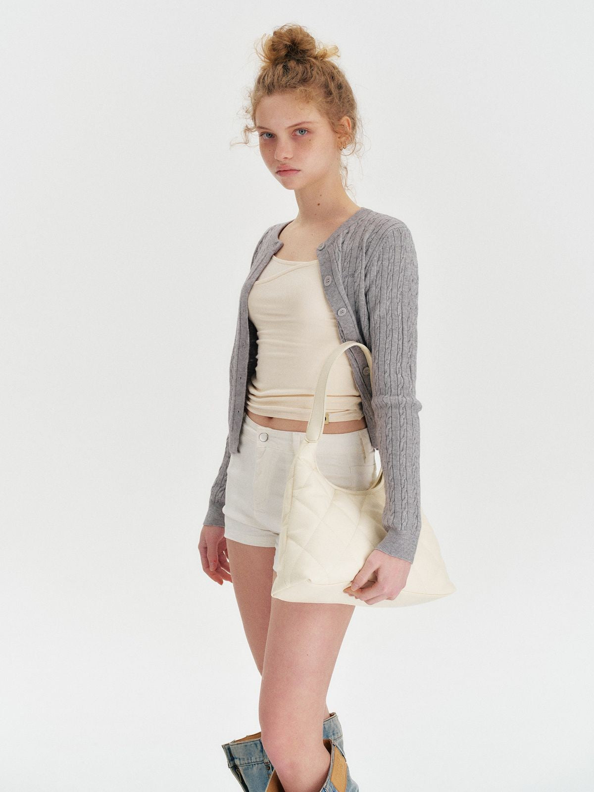 Amee Cable Knit Crew Cardigan in Gray - On Model