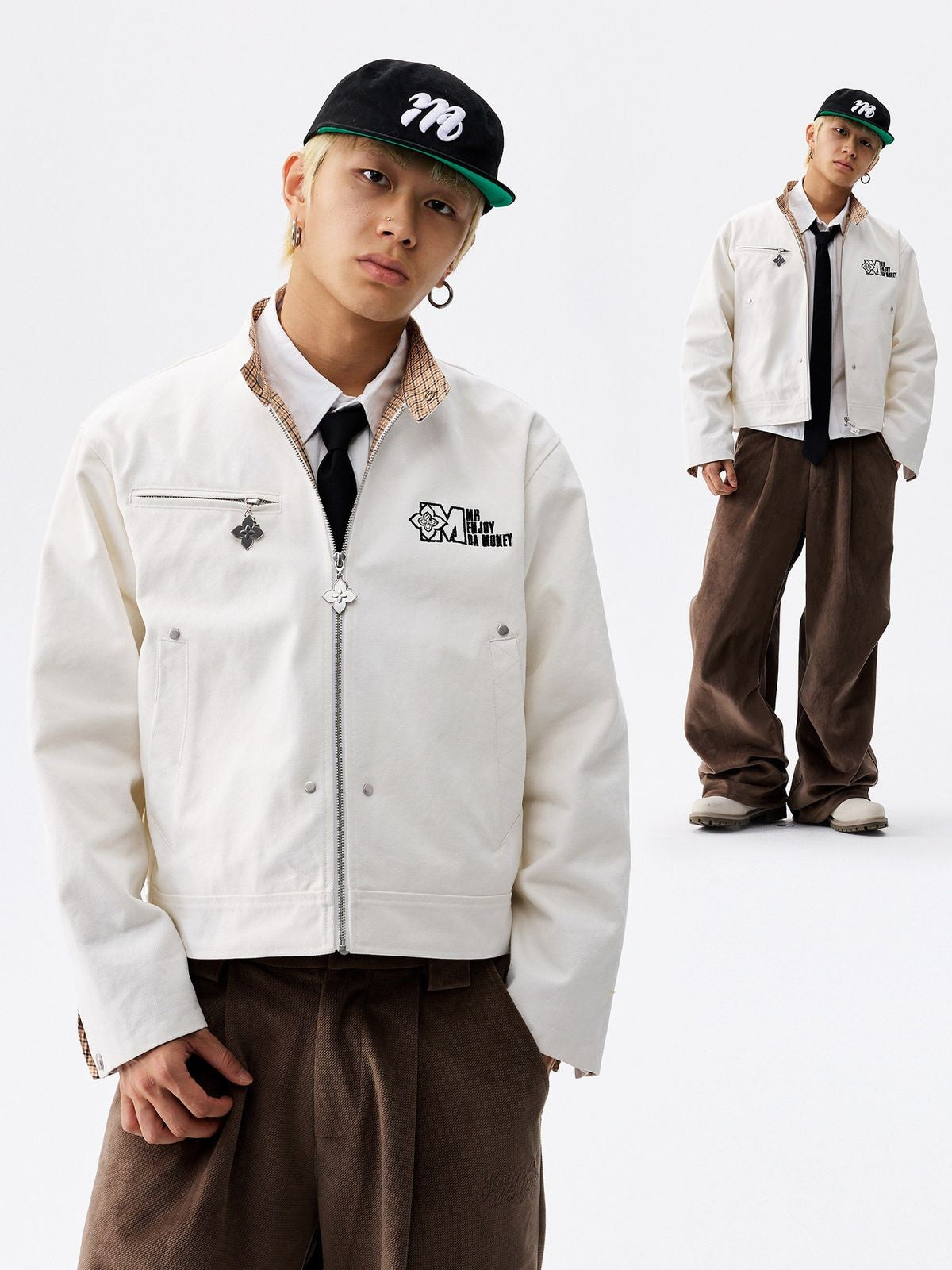 MEDM Plaid Patchwork Cotton Jacket in White - On Model