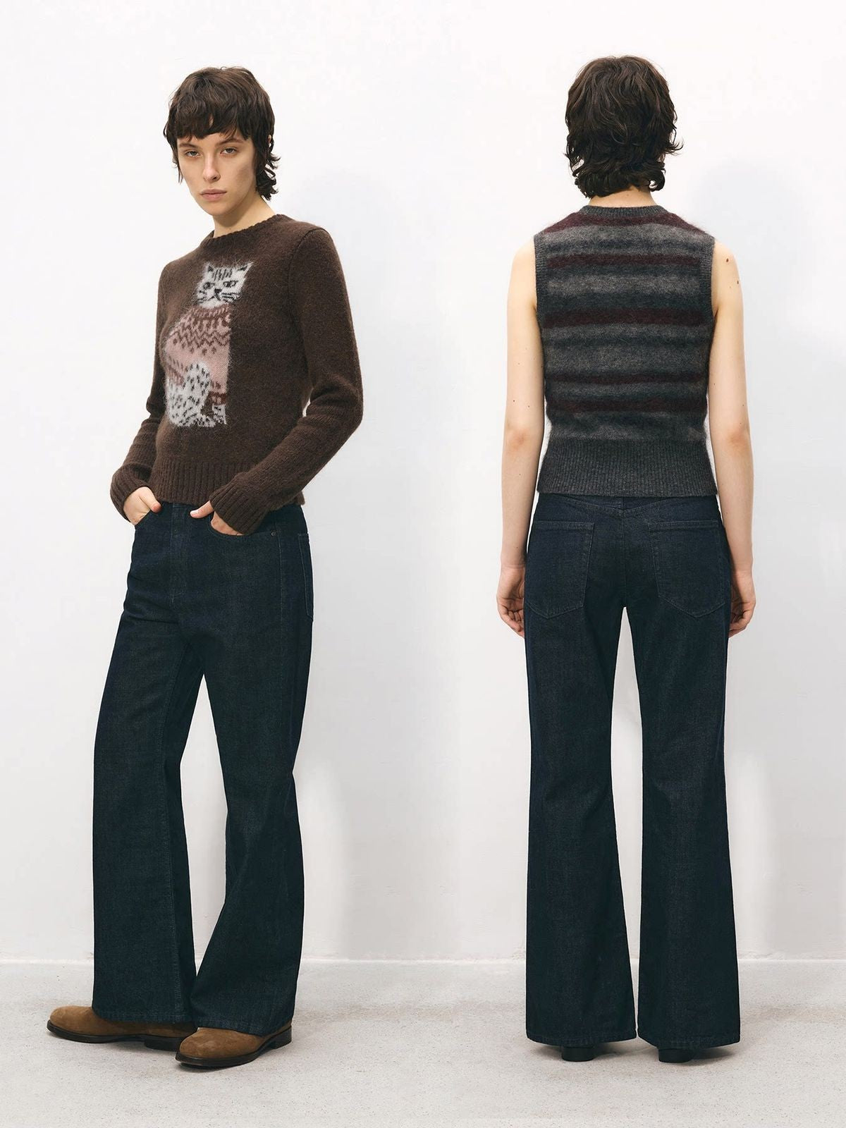 alright then Retro Raw Denim Flared Jeans in Blue - On Model