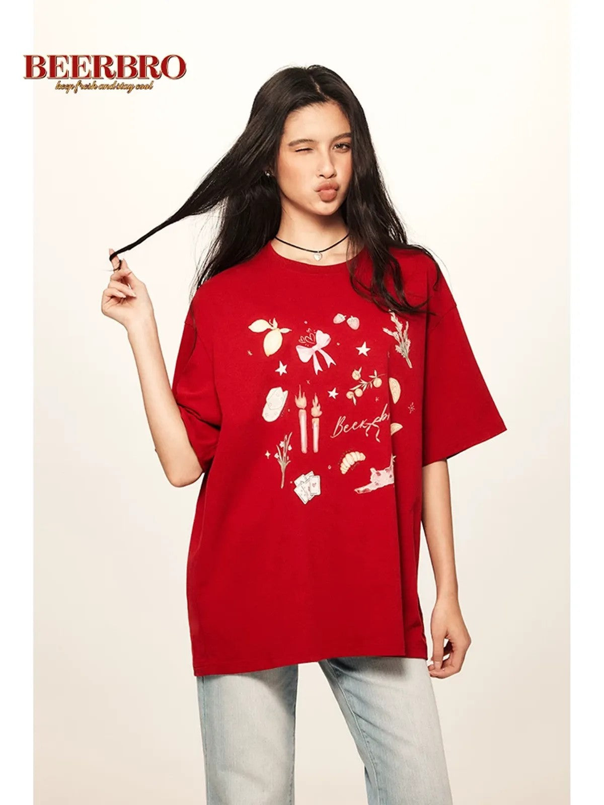 BeerBro Retro Graphic Print T Shirt in Red - On Model