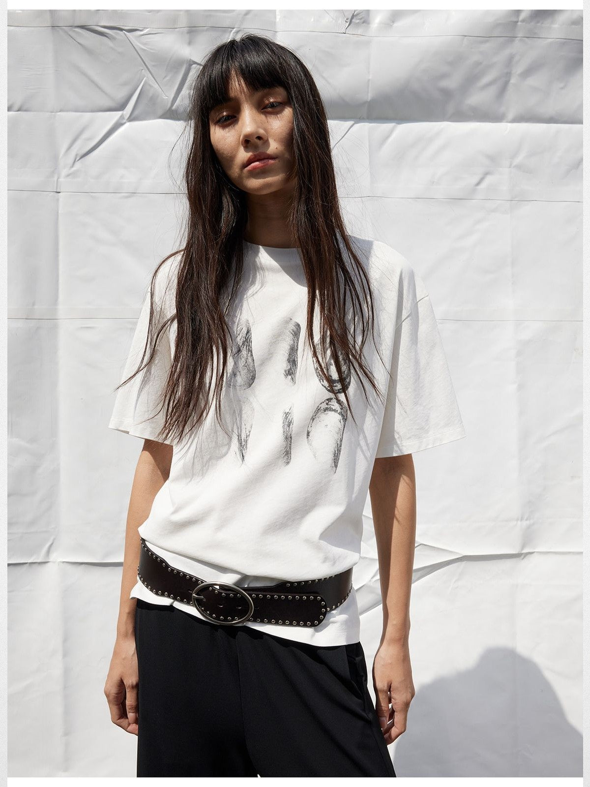 RandomPiece Shell Print High Twist Cotton T Shirt in White - On Model