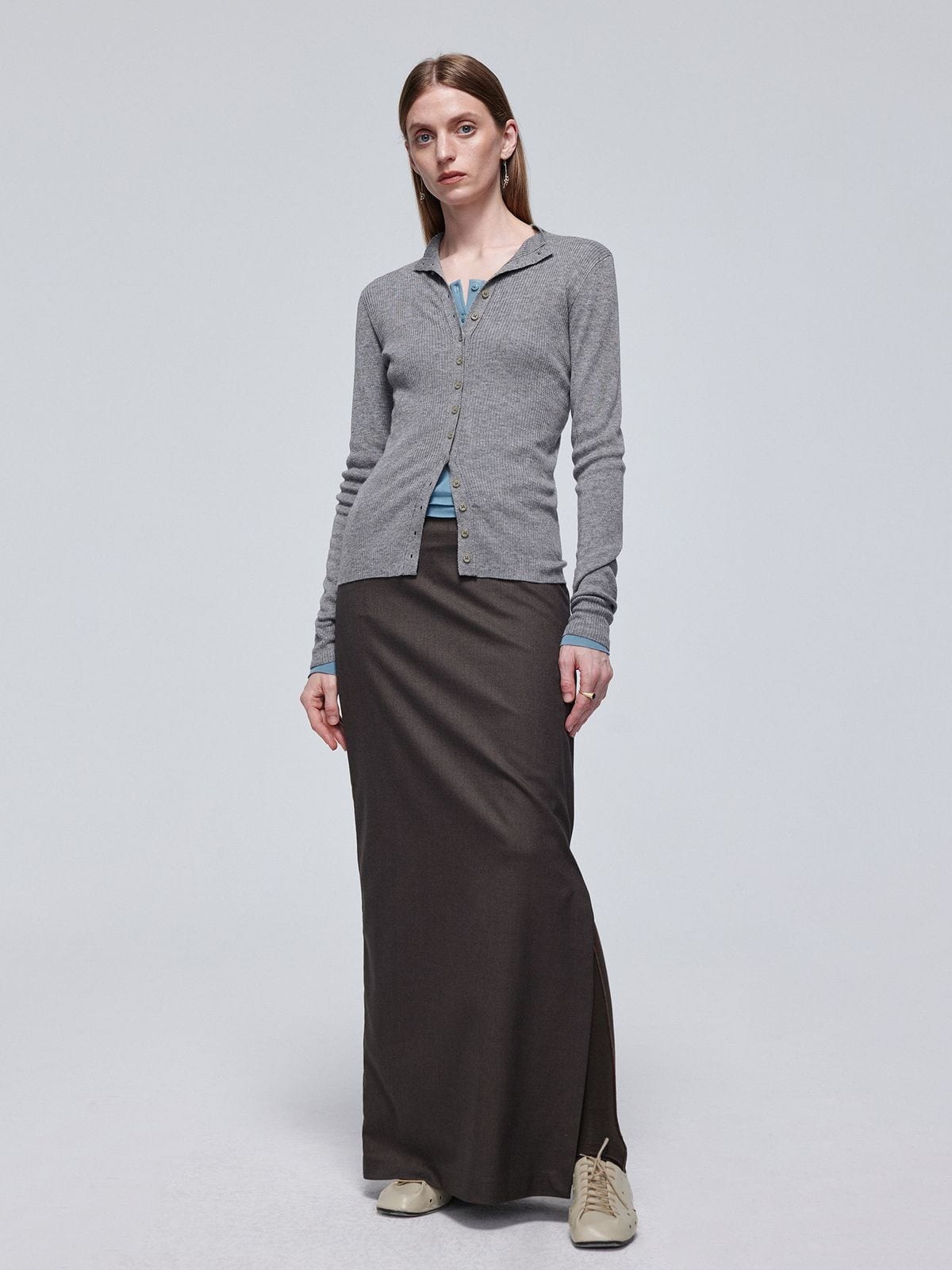 Simple Project High Neck Ribbed Wool Cardigan in Gray - On Model