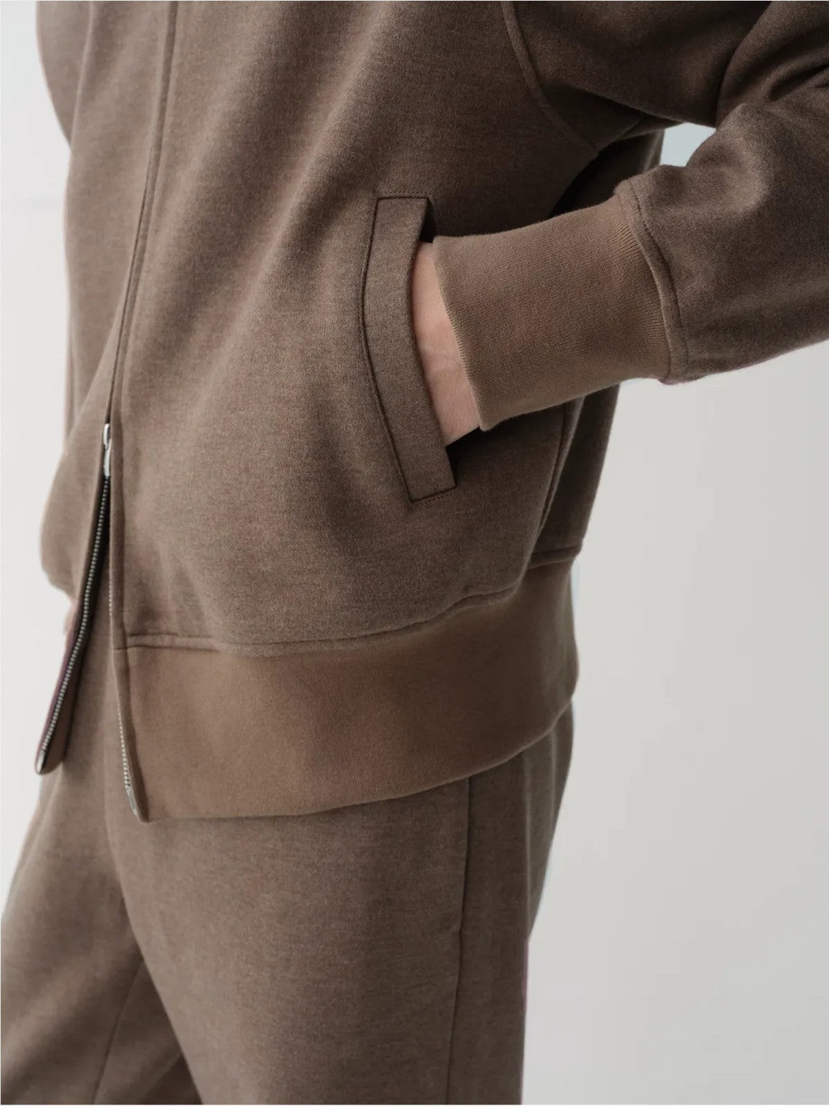 ROYA Merino Wool Blend Zip Up Hoodie in Oatmeal - On Model