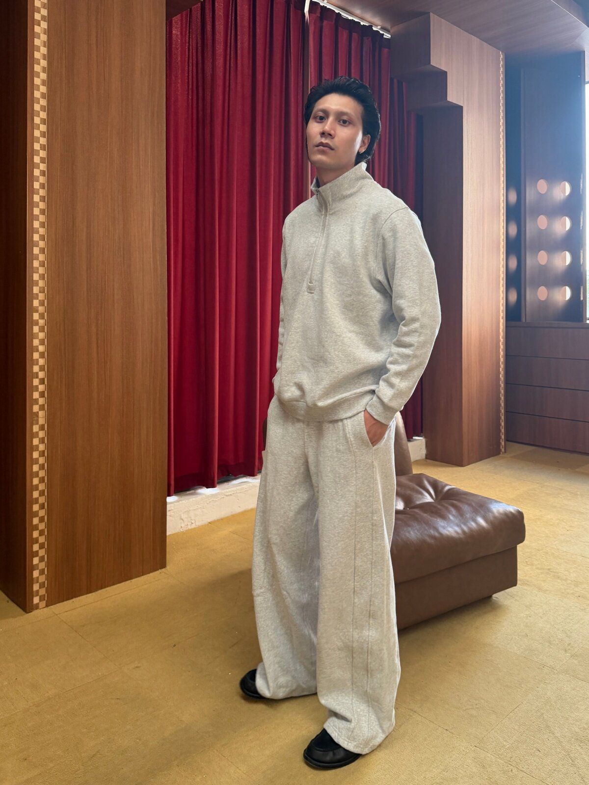 TRIANGLE PROJECT Brushed Cotton Wide Leg Sweatpants in Gray - On Male Model