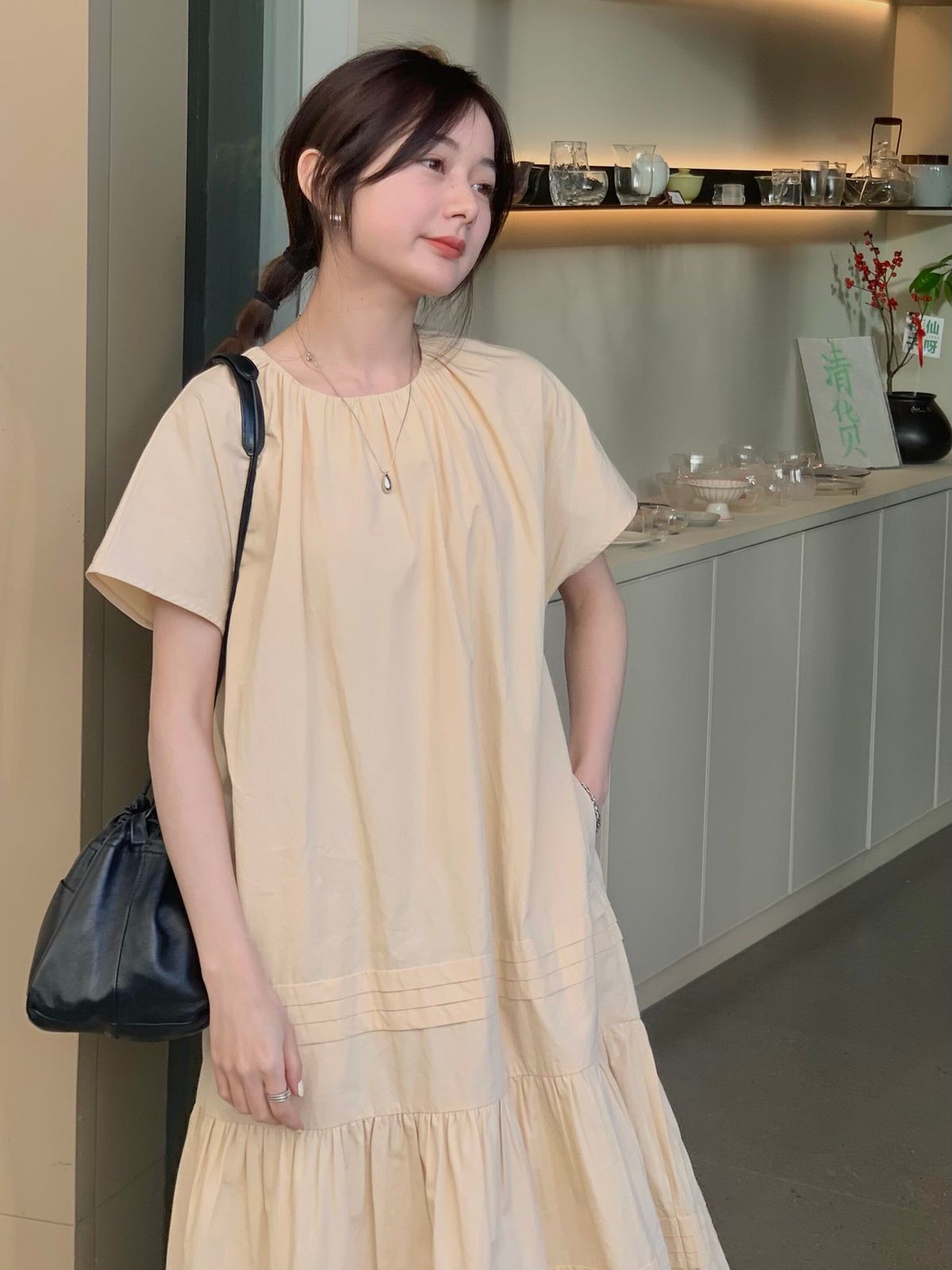 RandomPiece Eco Cotton Hemp Tiered Maxi Dress in Cream - On Model