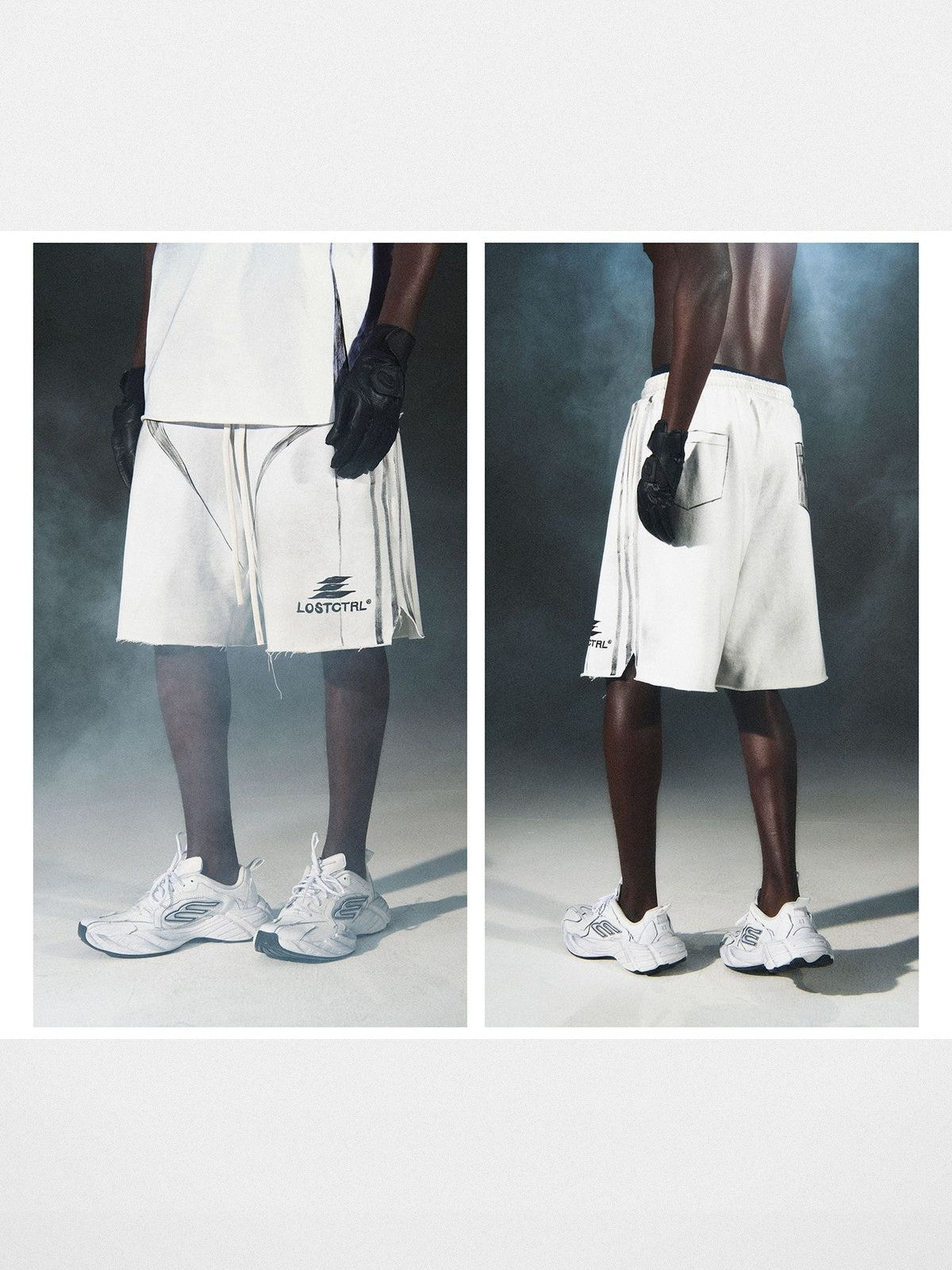 LOSTCTRL Spray Dye Structural Shorts in White - On Model