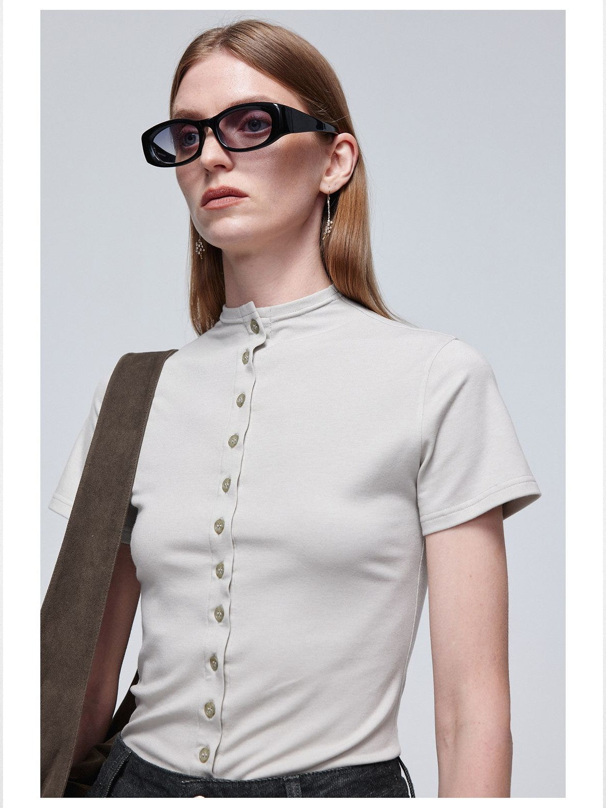 Simple Project Tencel Wool Button Front Tee in Gray - On Model