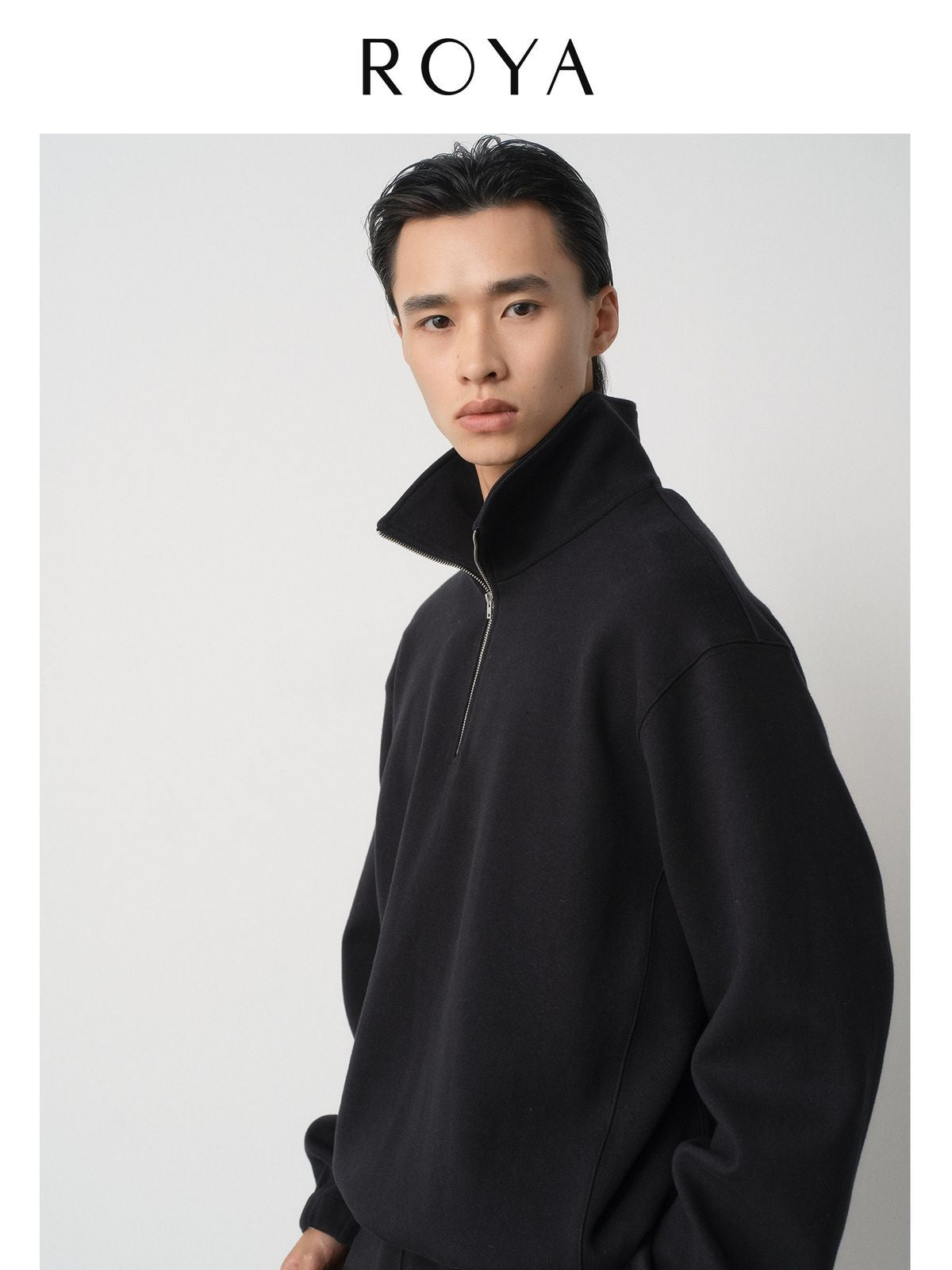 ROYA Japanese Organic Cotton Half Zip in Black - On Model