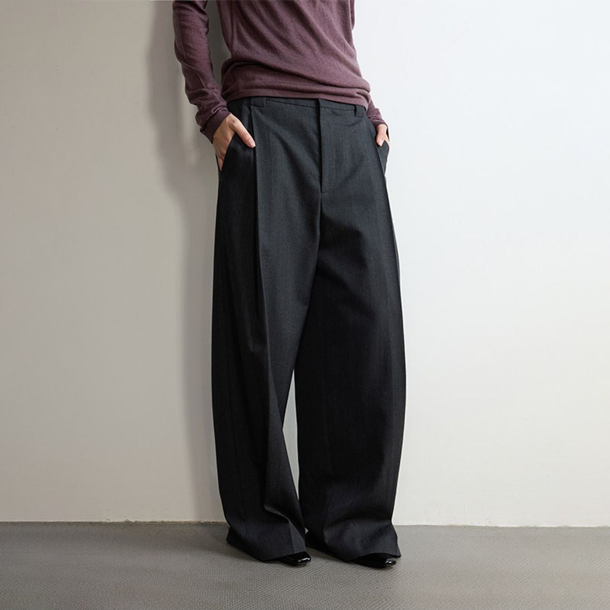 RandomPiece Single Pleat Merino Wool Trousers in Gray - On Model