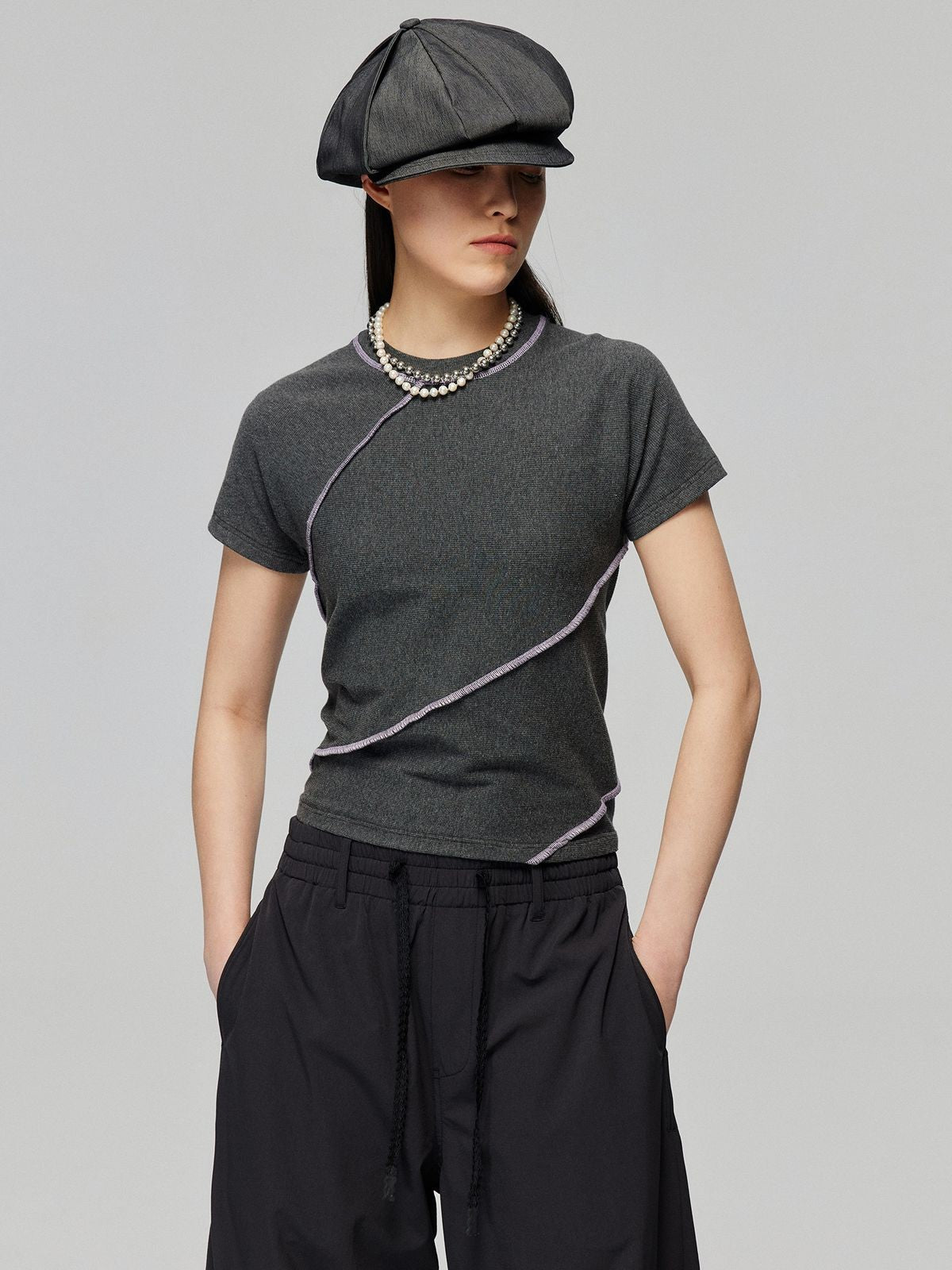 Simple Project Spiral Contrast Stitch Ribbed Tee in Gray - On Model