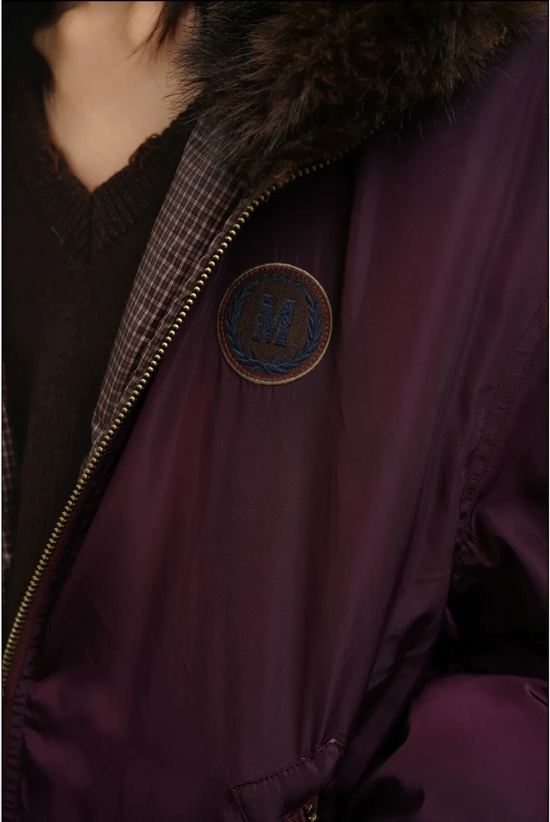 MASONPRINCE Faux Fur Hooded Puffer Bomber in Burgundy - On Model