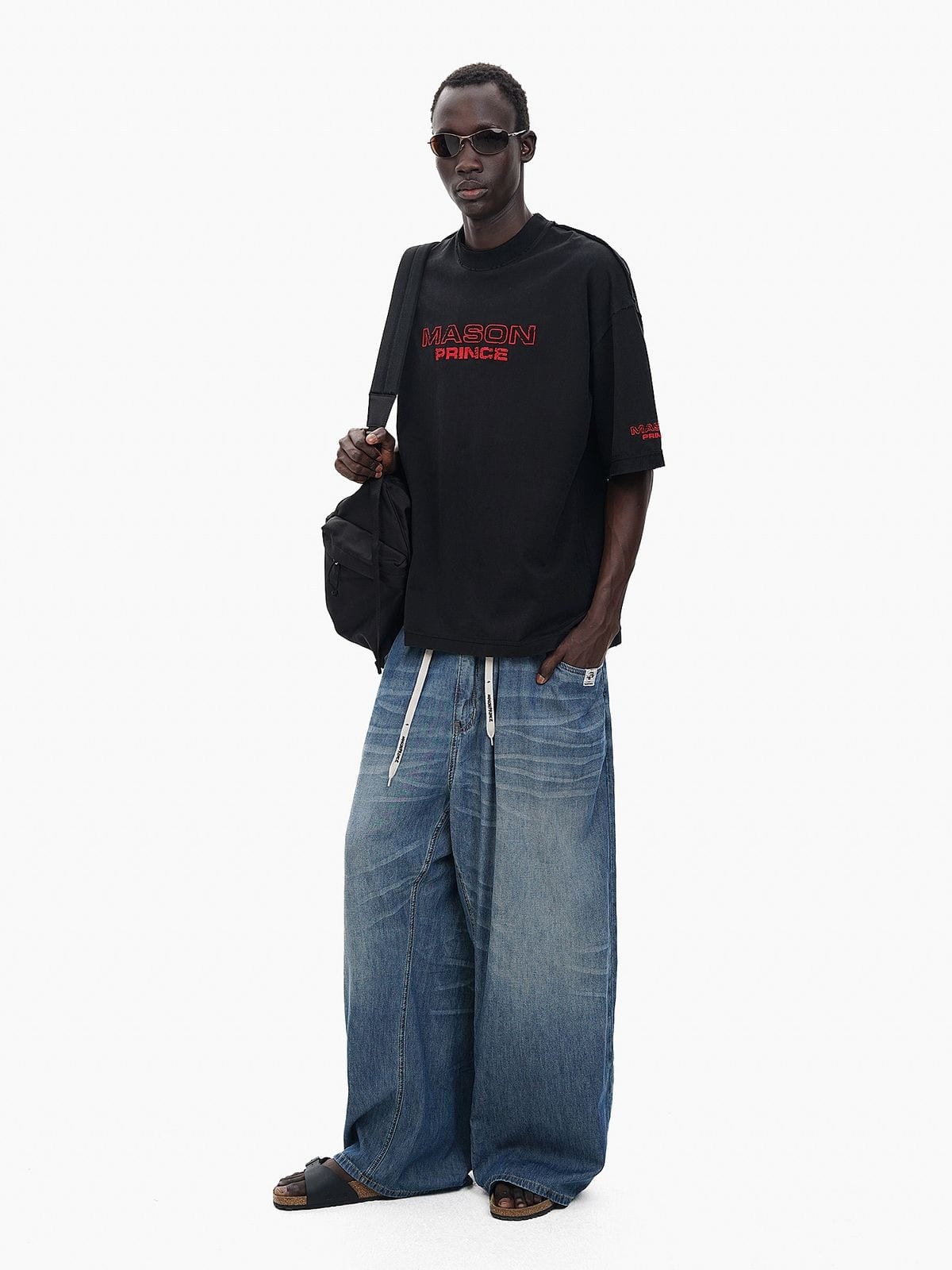 MasonPrince Embroidered Double Collar Tee in Black - On Model