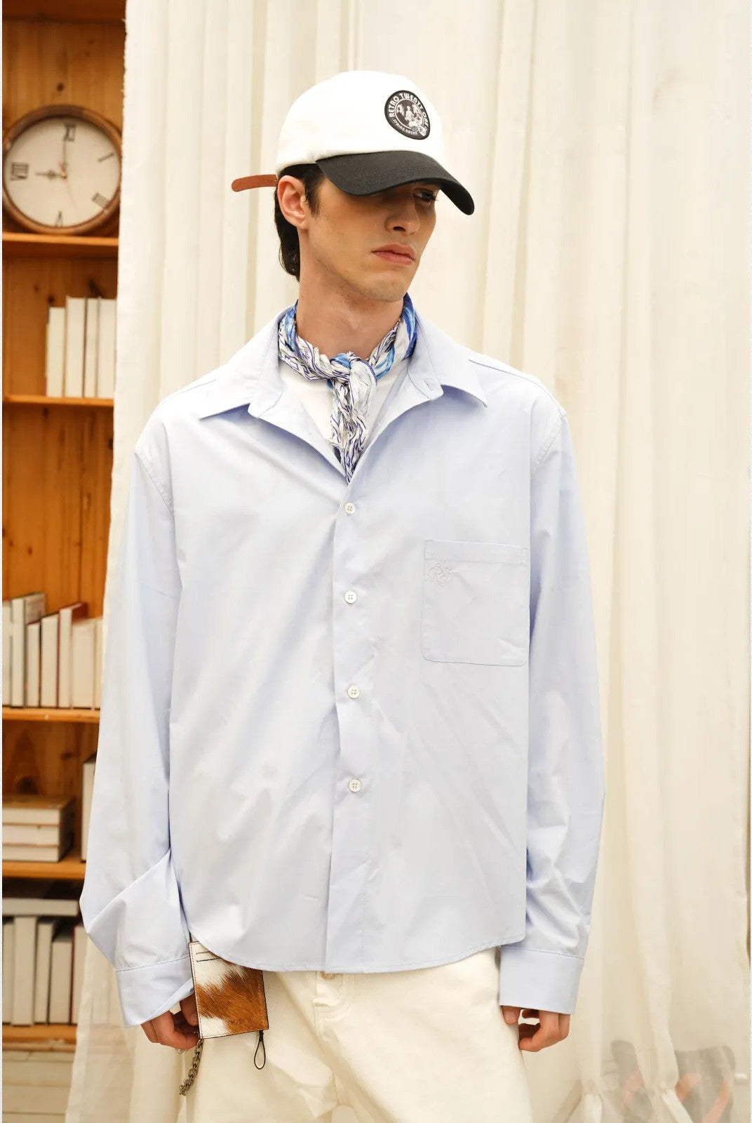 Retro 21 Bamboo Rayon Drop Shoulder Shirt in Sky Blue - On Model