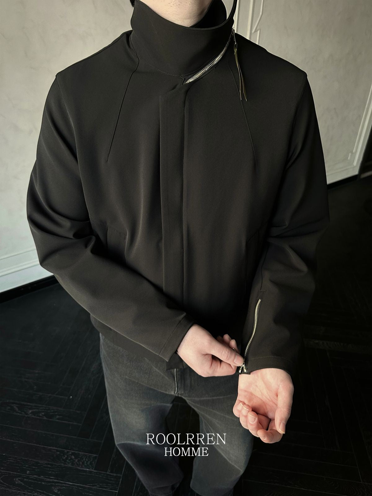 Roolrren Homme Solotex Stand Collar Tech Jacket in Black - On Model