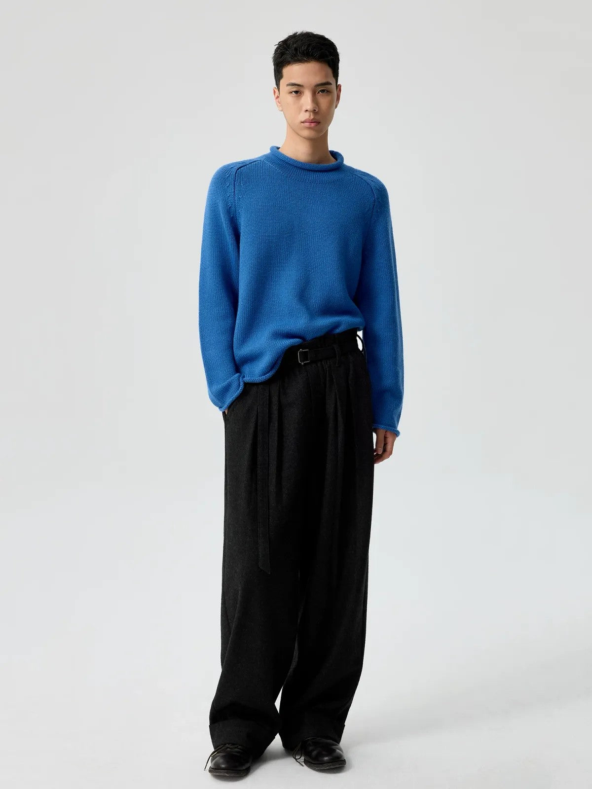 Simple Project Rolled Hem Shepherd Sweater in Blue - On Male Model