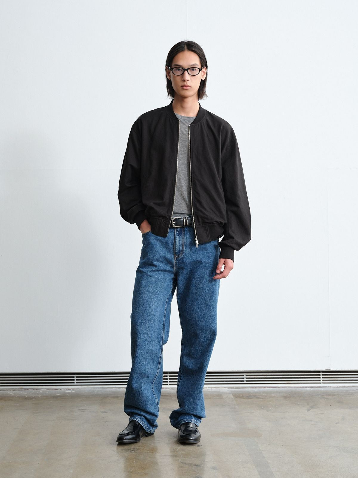 ROYA Linen Wool Curved Sleeve Bomber in Black - On Model