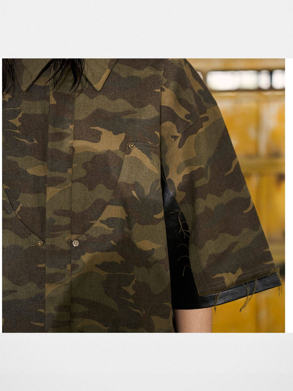 BLINDNOPLAN Camo Spliced Faux Leather Shirt in Olive - On Model