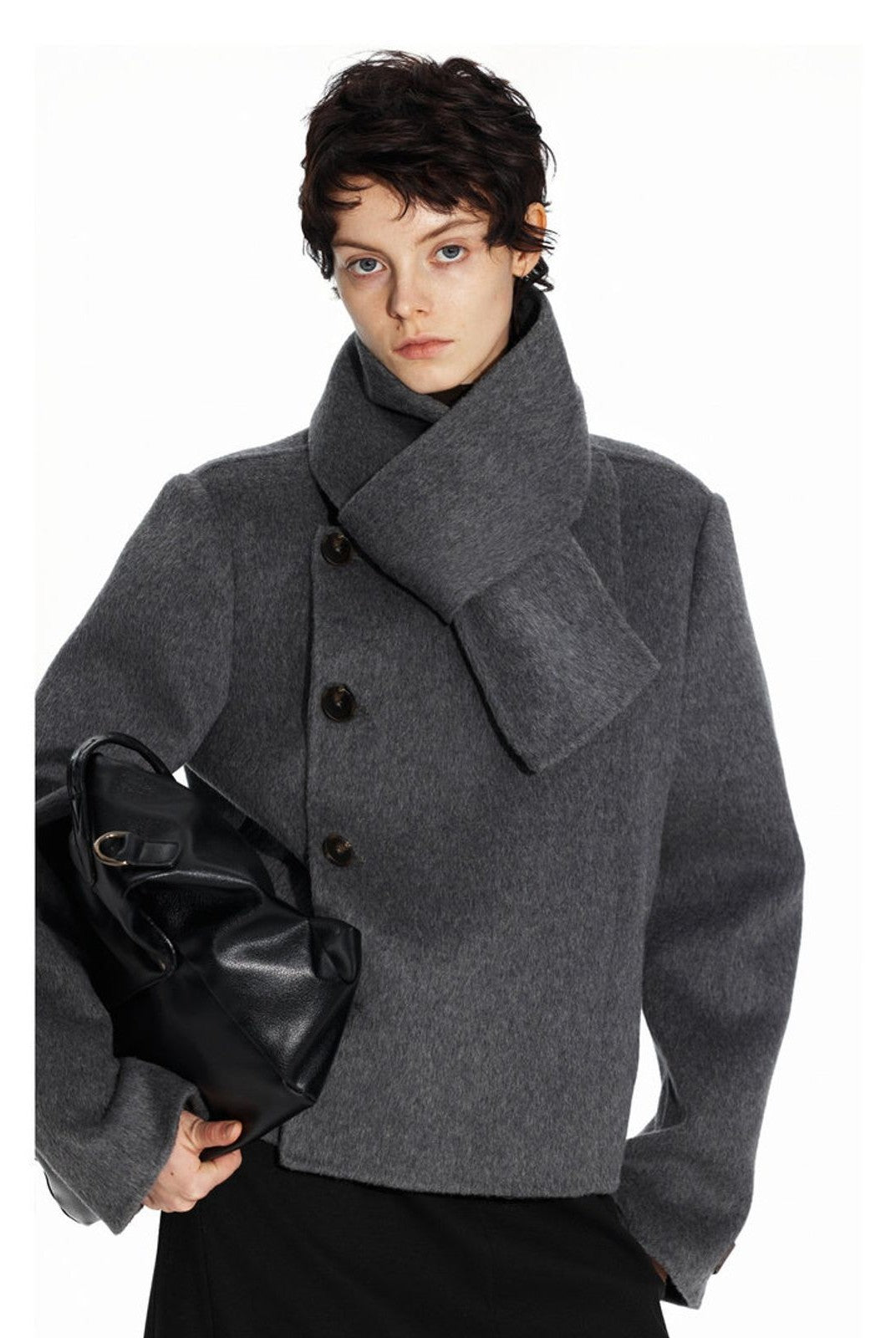 PUKI Double Faced Wool Jacket with Scarf in Gray - On Model
