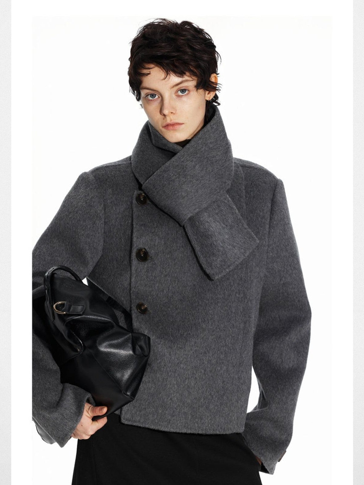 PUKI Double Faced Wool Jacket with Scarf in Gray - On Model