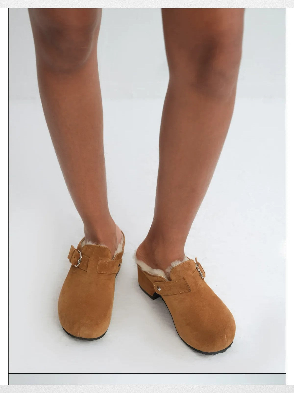 Rarely Alike IZZY Buckle Platform Clogs in Tan - On Model