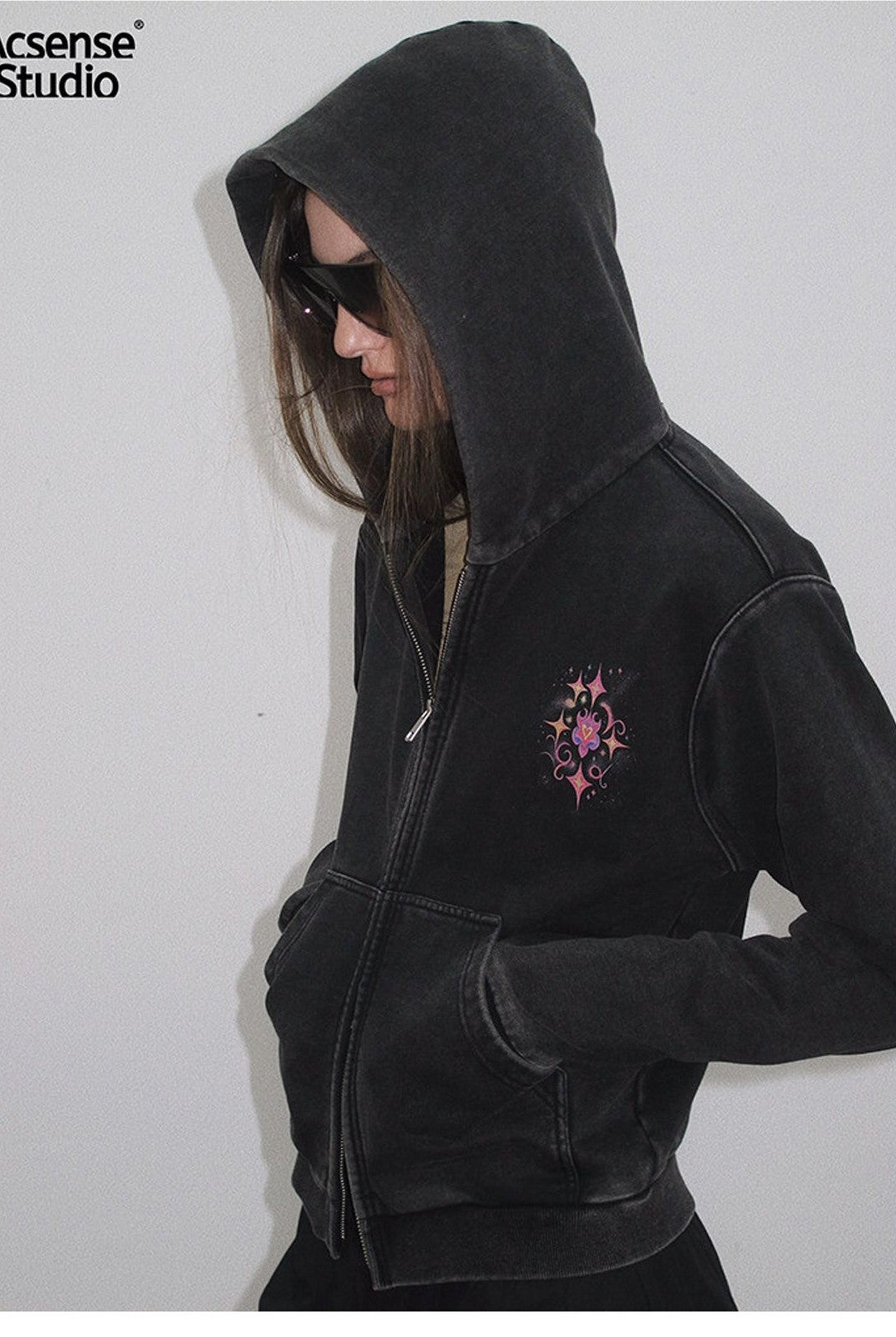 ACSENSE STUDIO Rhinestone Logo Zip Up Hoodie in Black - On Model