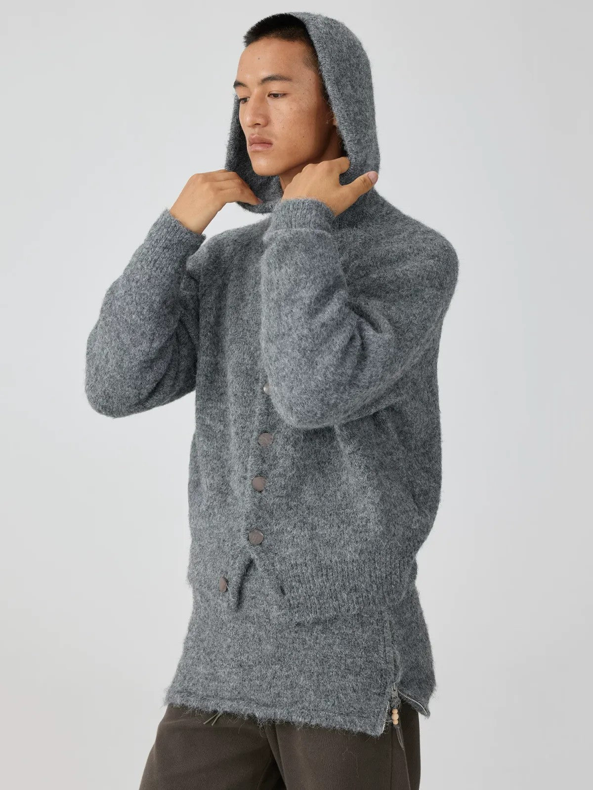 Simple Project Hooded Wool Blend Cardigan in Gray - On Male Model