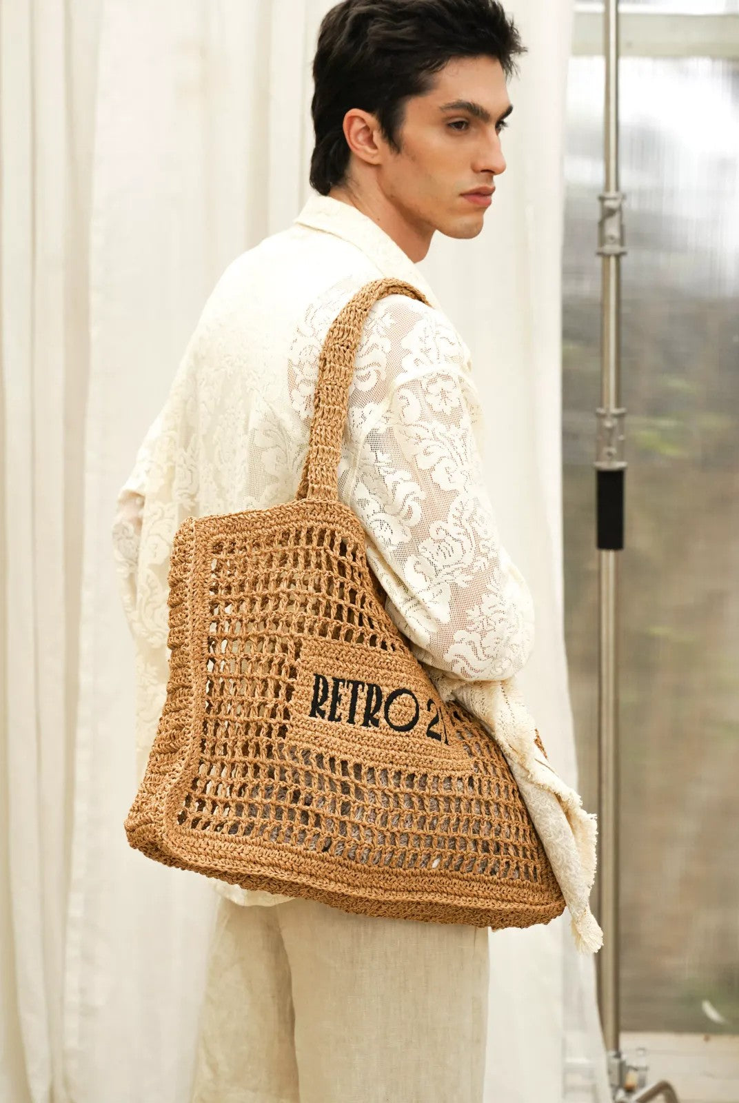 Retro 21 Handmade Raffia Cutout Tote Bag in Khaki - On Model
