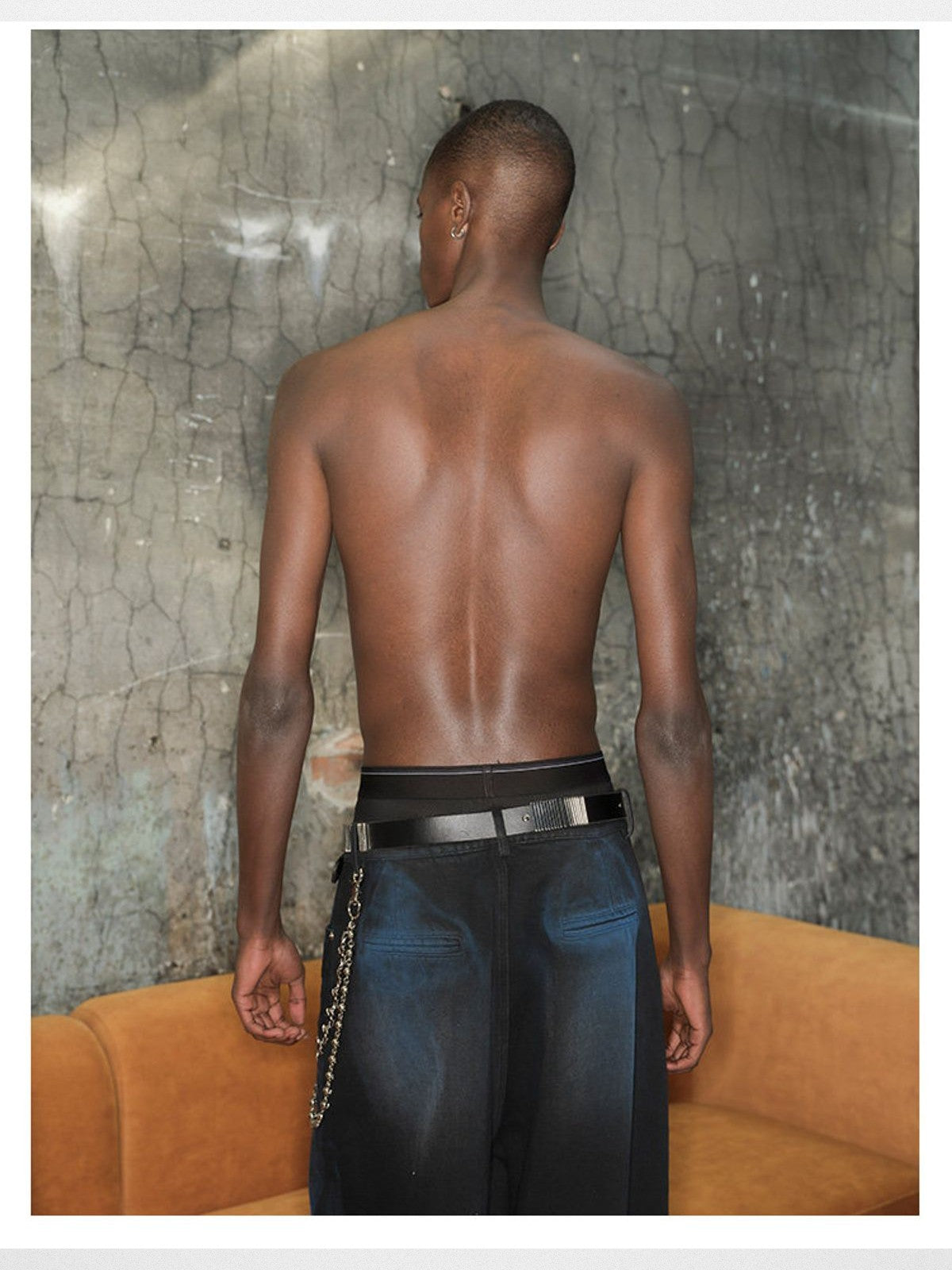 TRIANGLE PROJECT Dirty Wash Spray Detail Jeans in Black - On Model