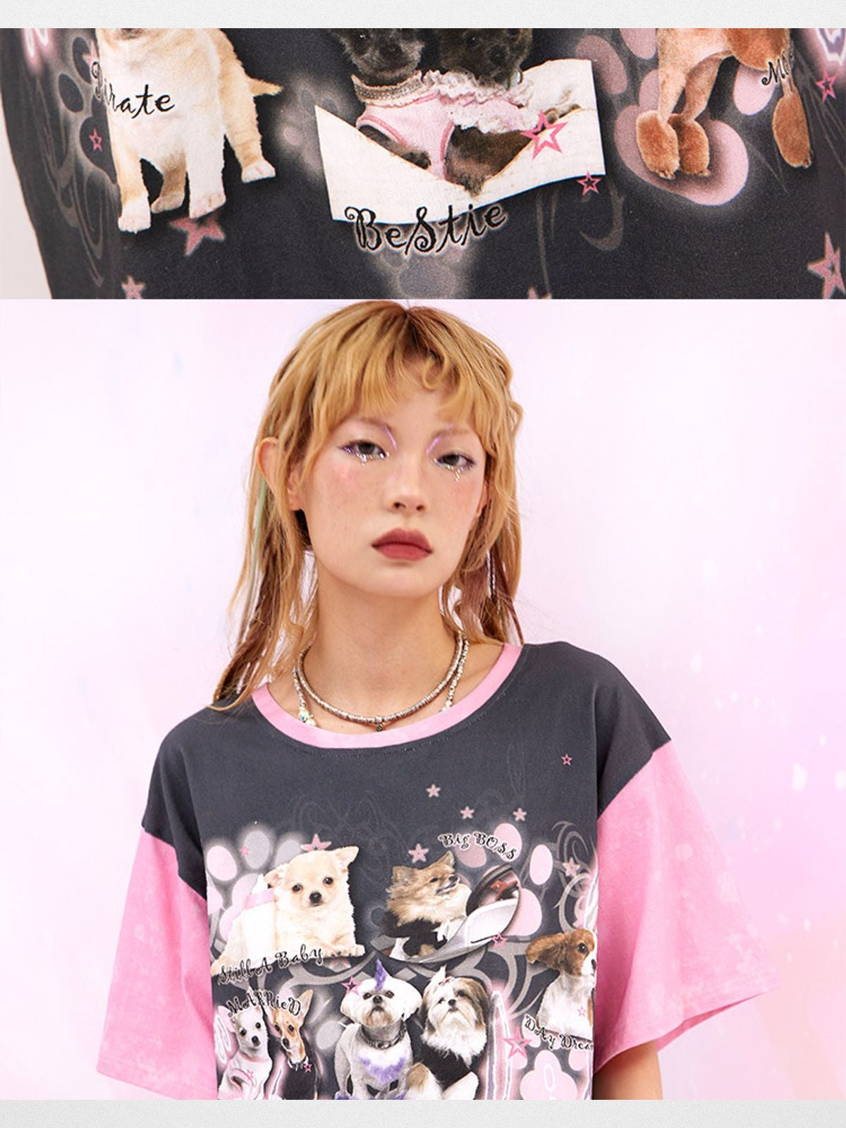 CFIERCE Dog Graphic Contrast Oversized Tee in Gray - On Model