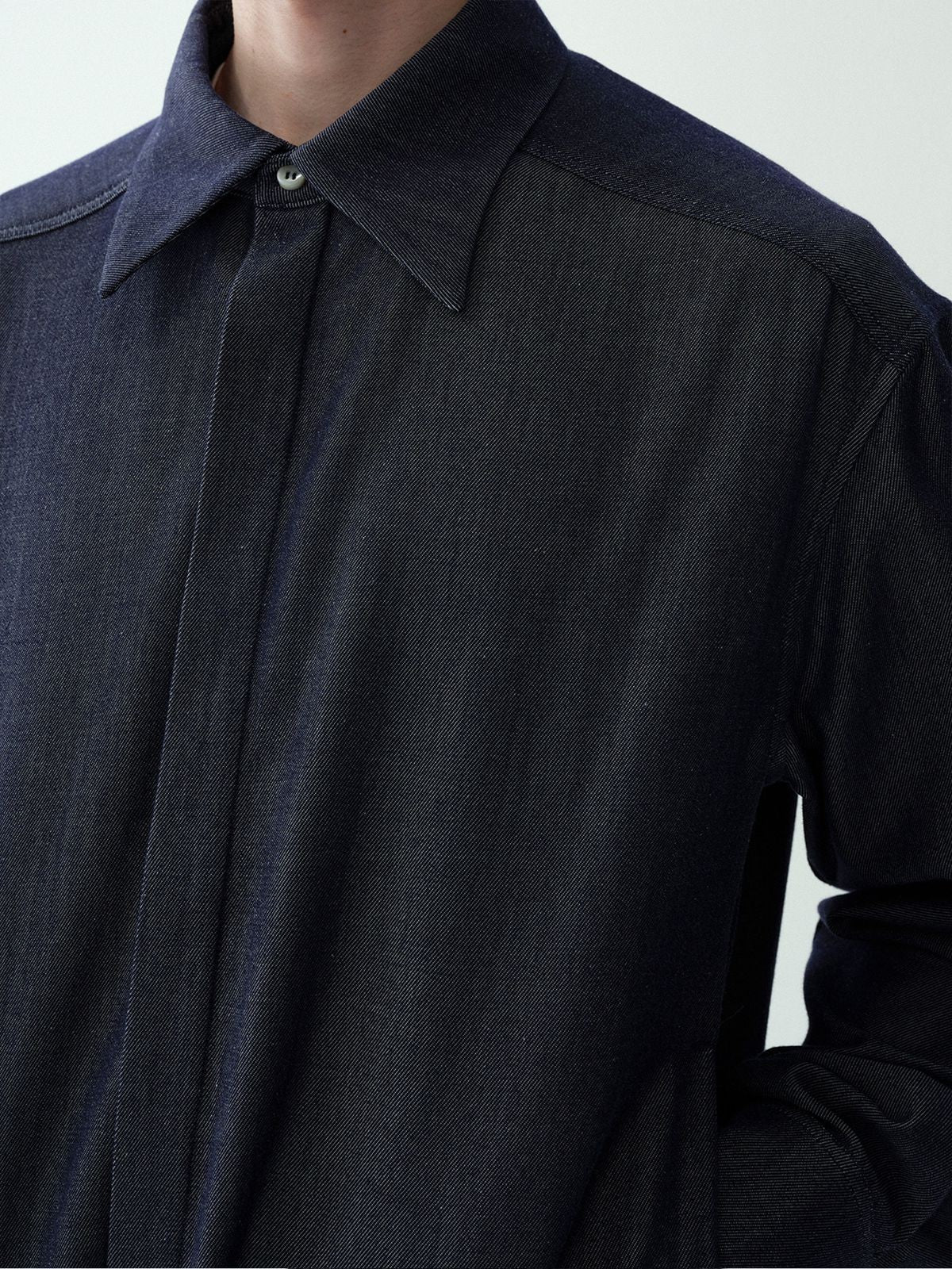 ROYA Silk Blend Denim Style Blouson in Blue - On Model