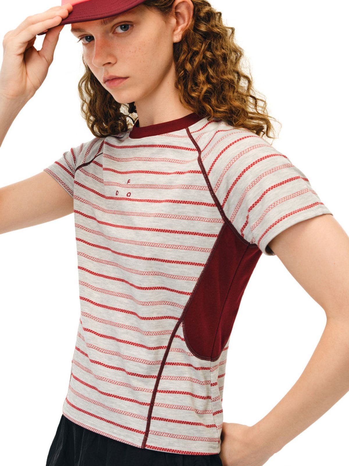 FPA Striped Contrast Panel Tee in Beige - On Model