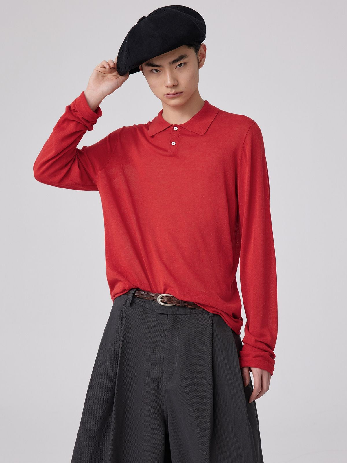 Simple Project Semi Sheer Linen Blend Knit Polo in Red - On Male Model