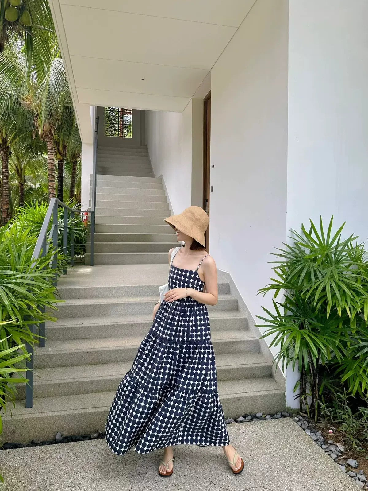 1S STUDIO Polka Dot Open Back Maxi Dress in Blue - On Model