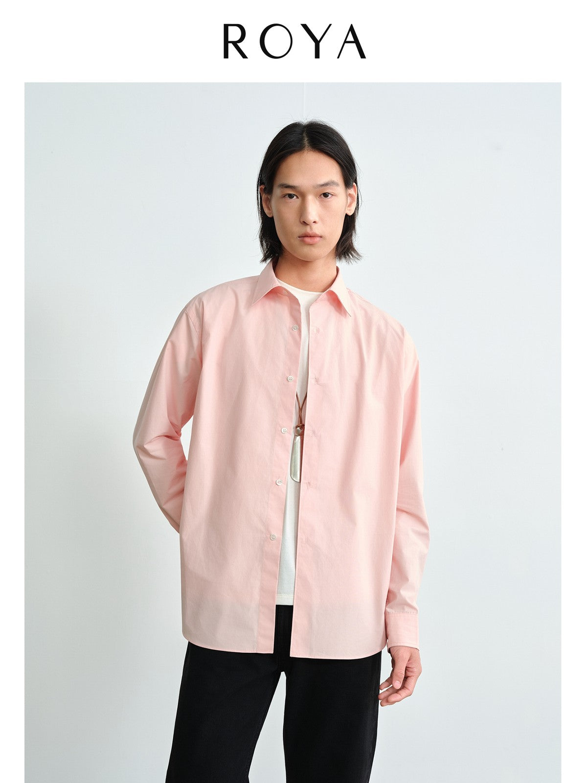 ROYA Long Staple Cotton Poplin Shirt in Pink - On Model