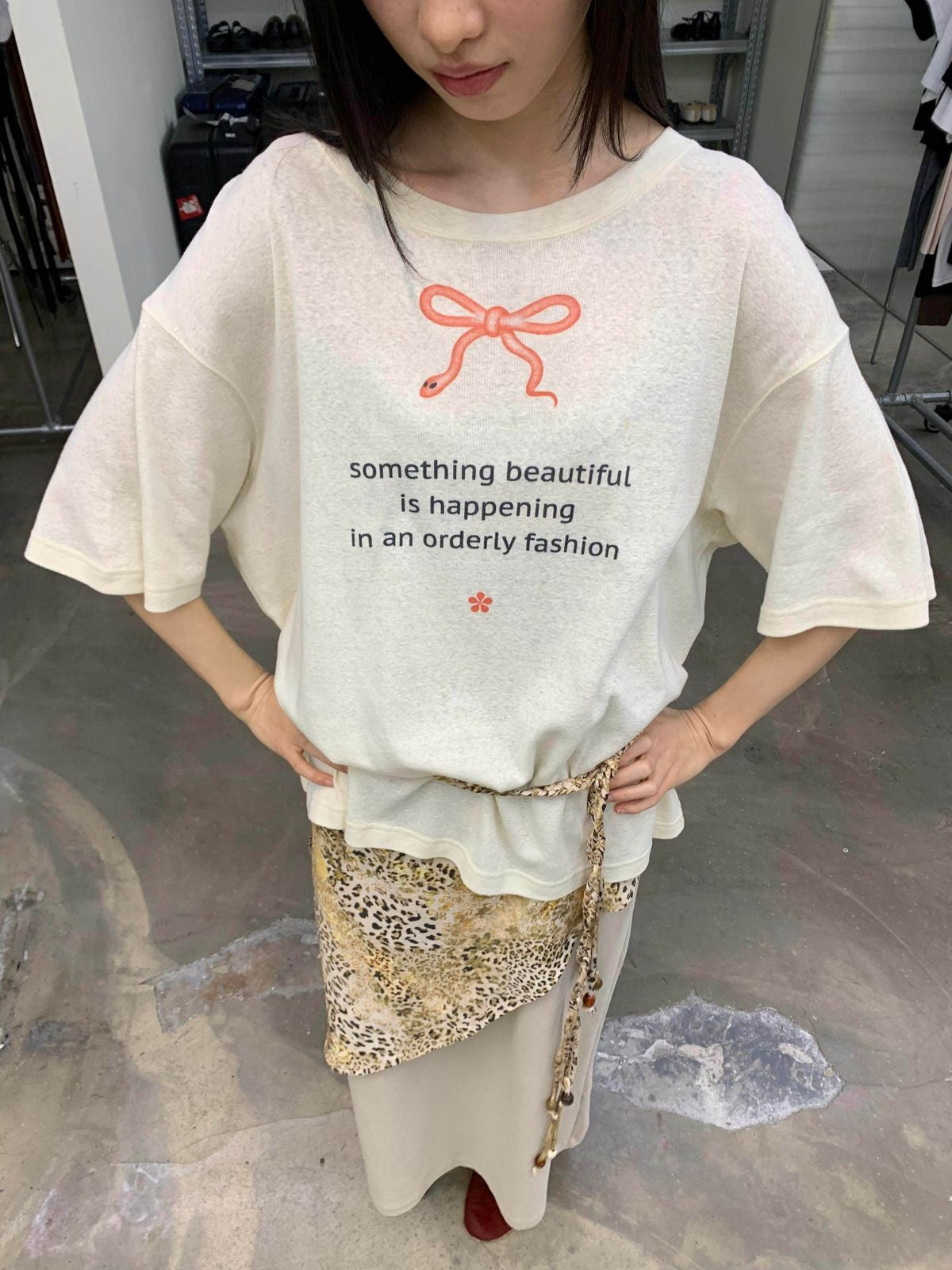 NeverSeez Snake Bow Print T Shirt in White - On Model