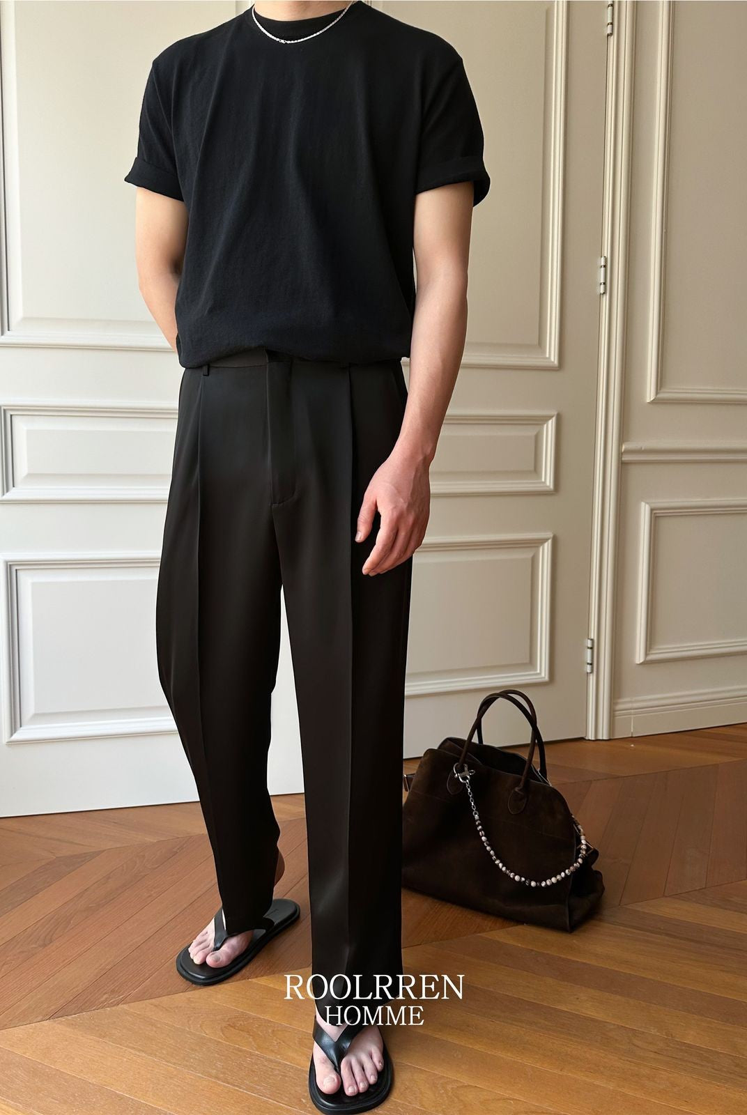 Roolrren Homme Belted Triacetate Cropped Trousers in Black - On Model