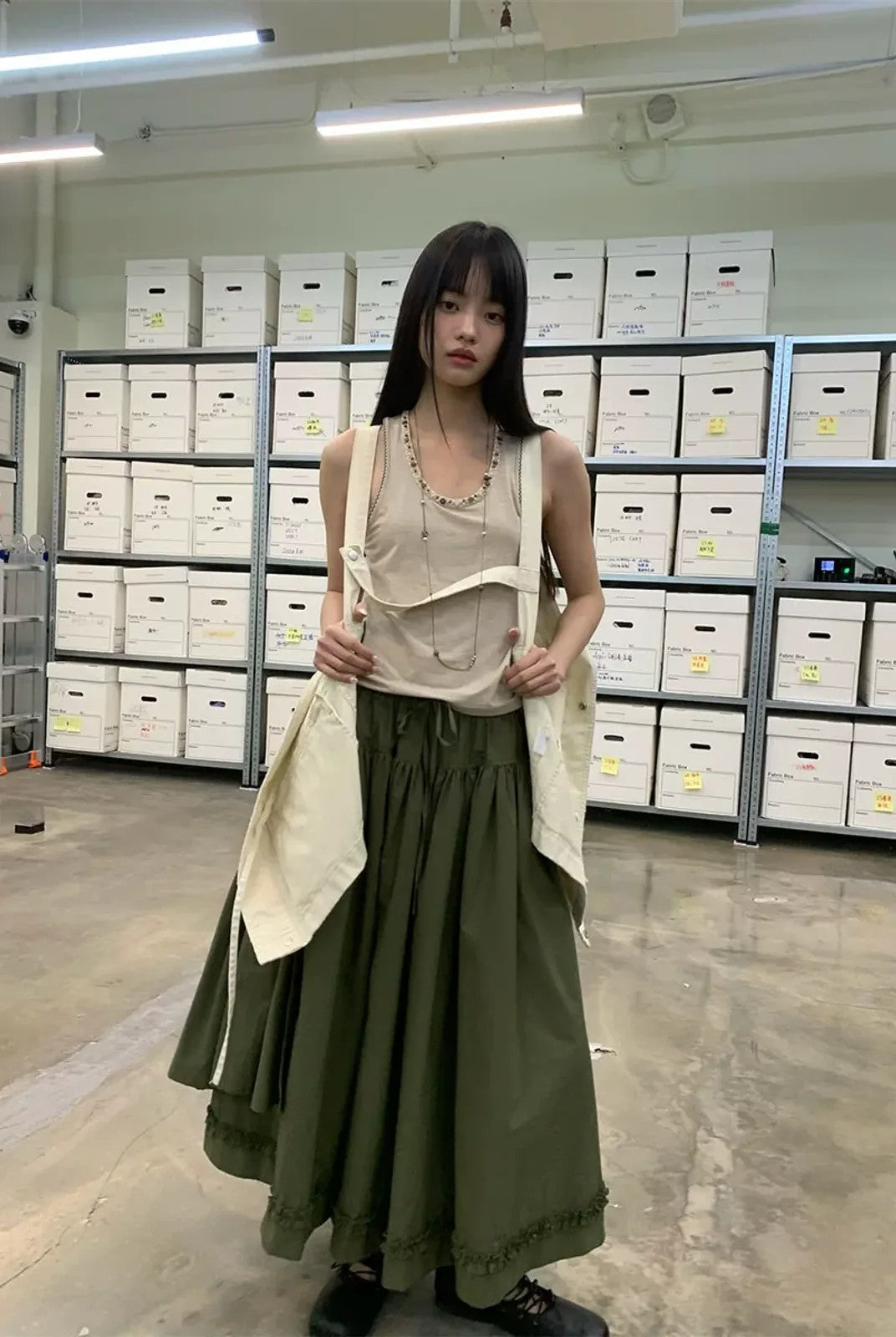 NeverSeez Beaded Lyocell Wool Tank Top in Khaki - On Model