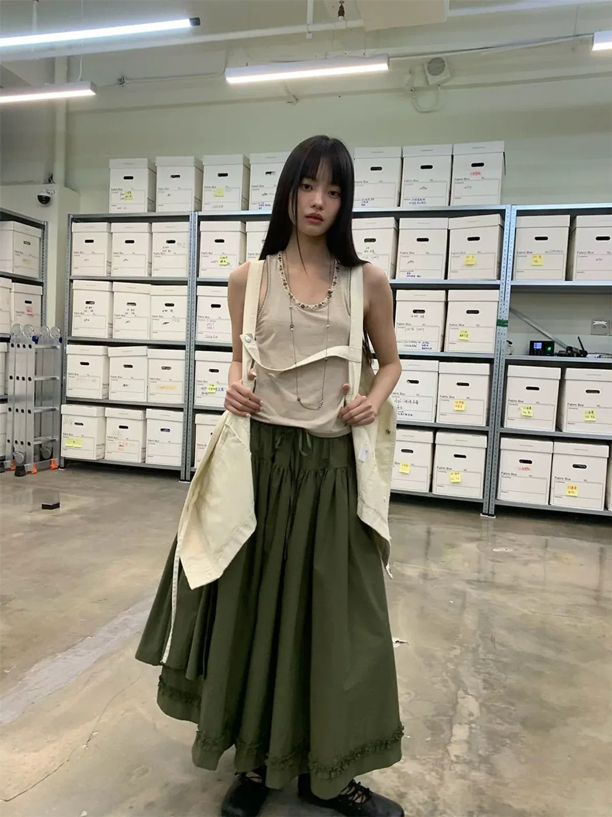 NeverSeez Beaded Lyocell Wool Tank Top in Khaki - On Model