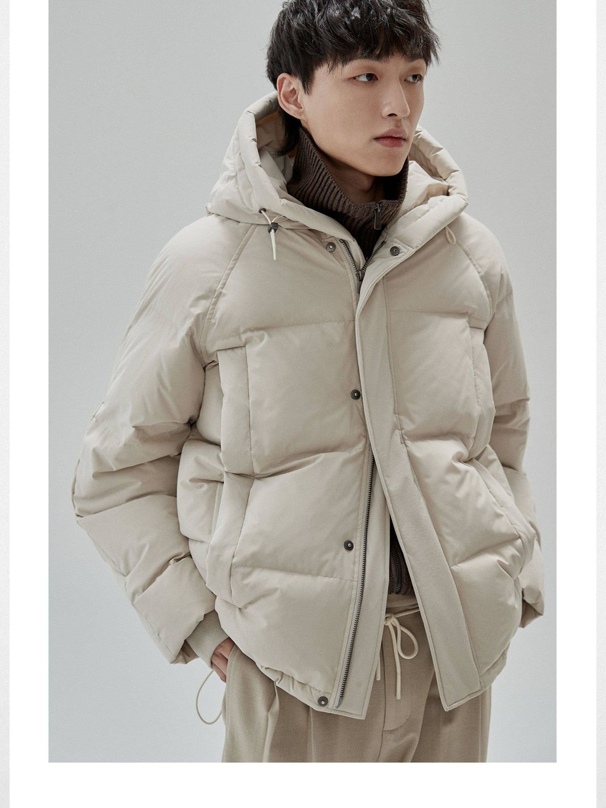 NANS Wide Quilt Hooded Down Puffer in Beige - On Model