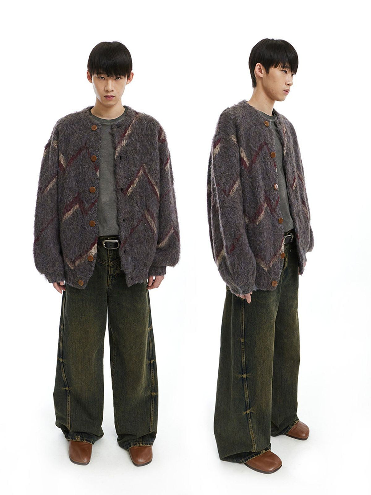 NeverSeez Plush Wool Blend Lantern Cardigan in Gray - On Male Model