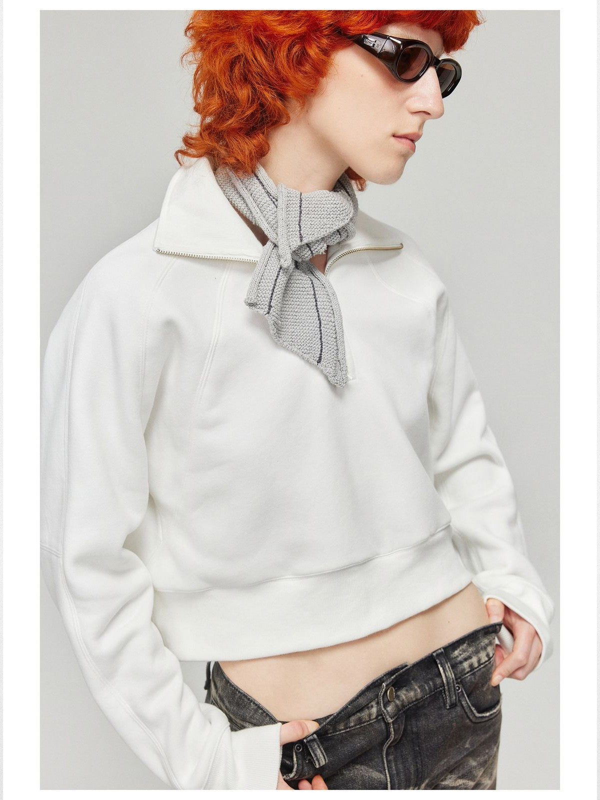 Simple Project Mock Neck Half Zip Sweatshirt in White - On Model