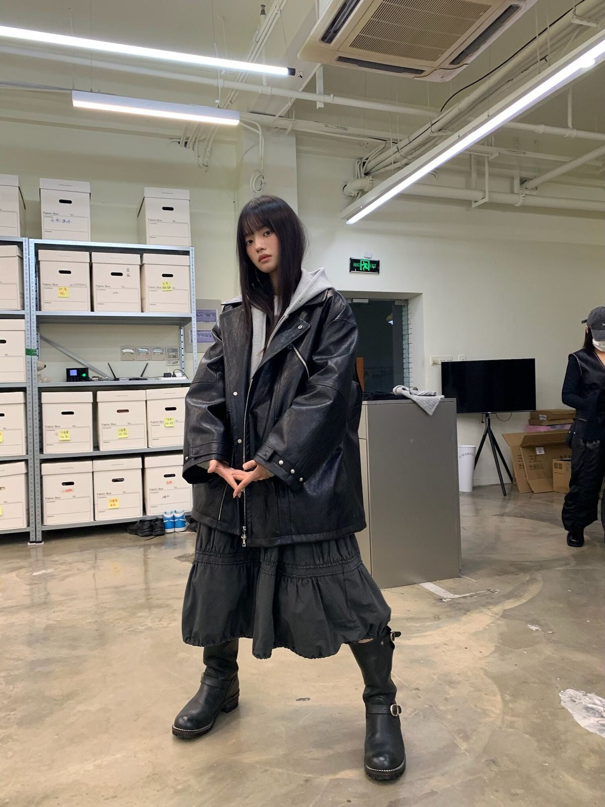 NeverSeez Padded PU Leather Trench Coat in Black - On Female Model