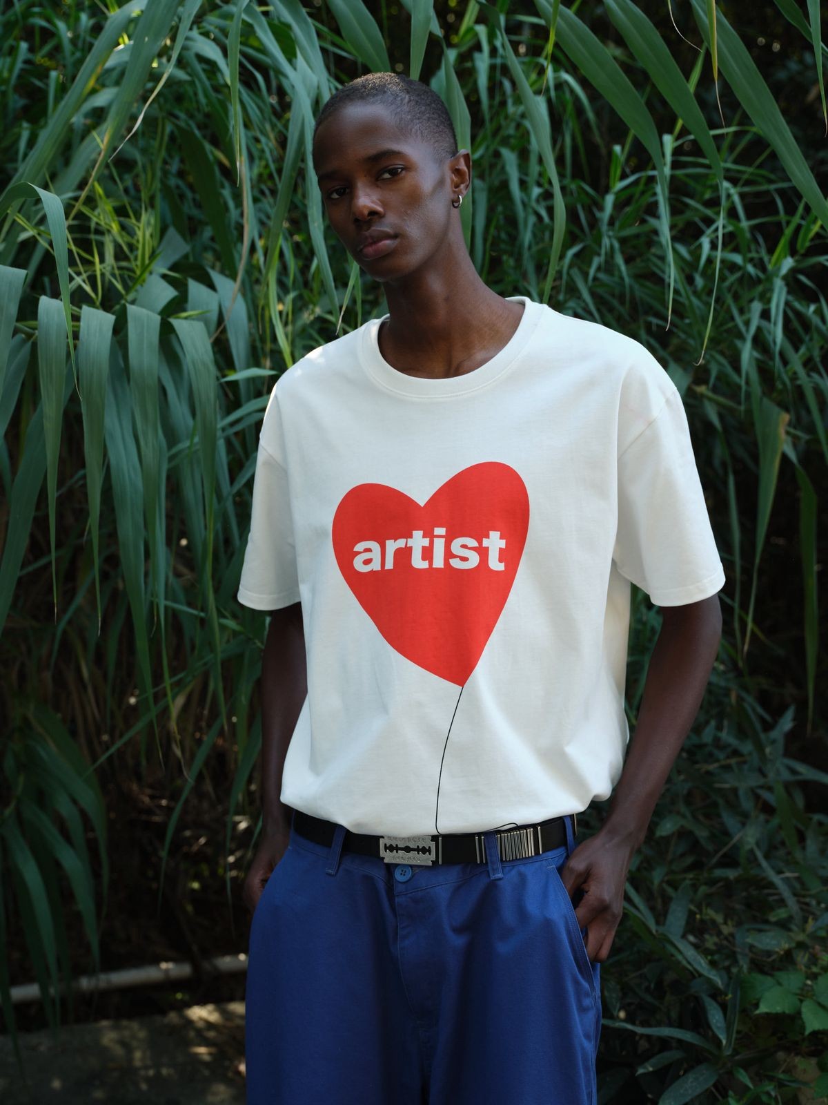 TRIANGLE PROJECT Heart Print Cotton T Shirt in White - On Model