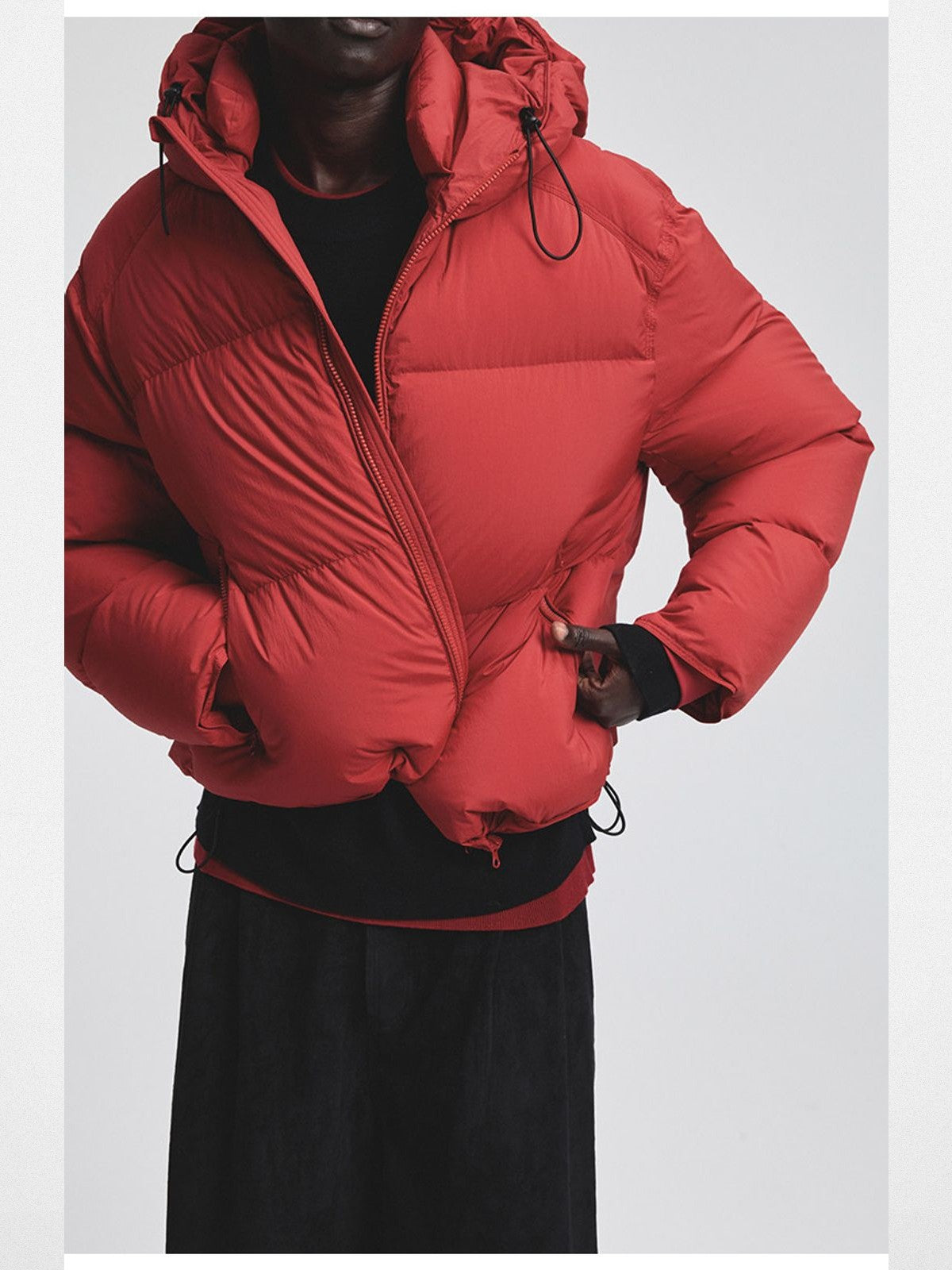 NANS Glossy Hooded Down Puffer in Red - On Model