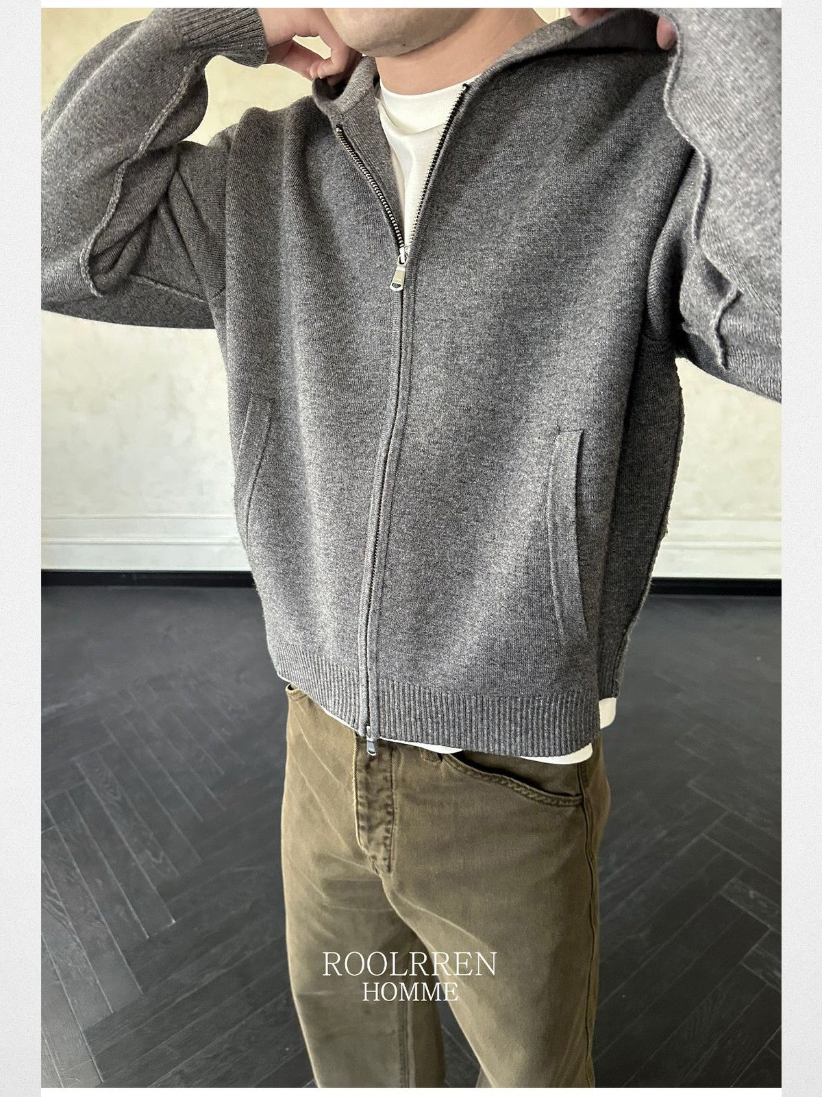 Roolrren Homme Wool Cashmere Zip Up Hoodie in Gray - On Model