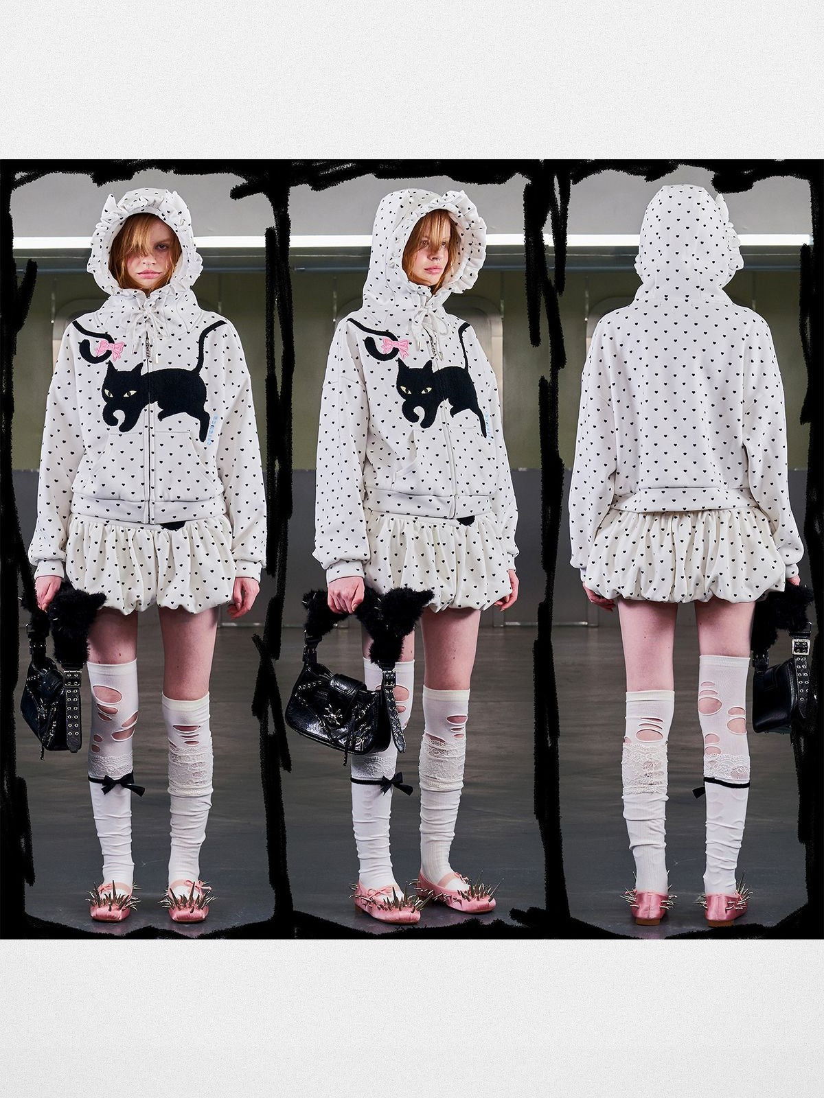 CFIERCE Heart Print Cat Ear Zip Hoodie in White - On Female Model