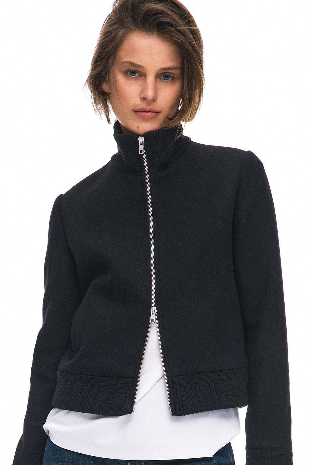 Alright then Lamb Wool Blend Double Zip Jacket in Black - On Model