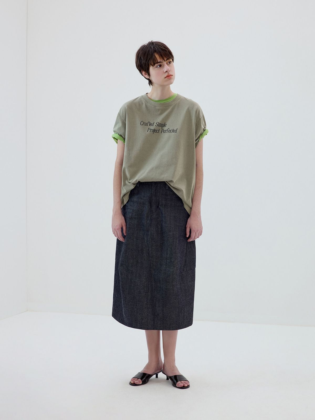 Simple Project Garment Dyed Slogan T Shirt in Olive - On Female Model