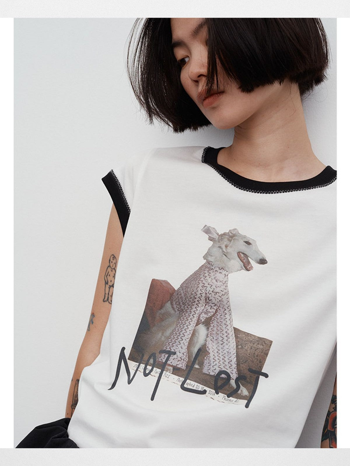 RandomPiece Dog Graphic Flutter Sleeve Tee in White - On Model
