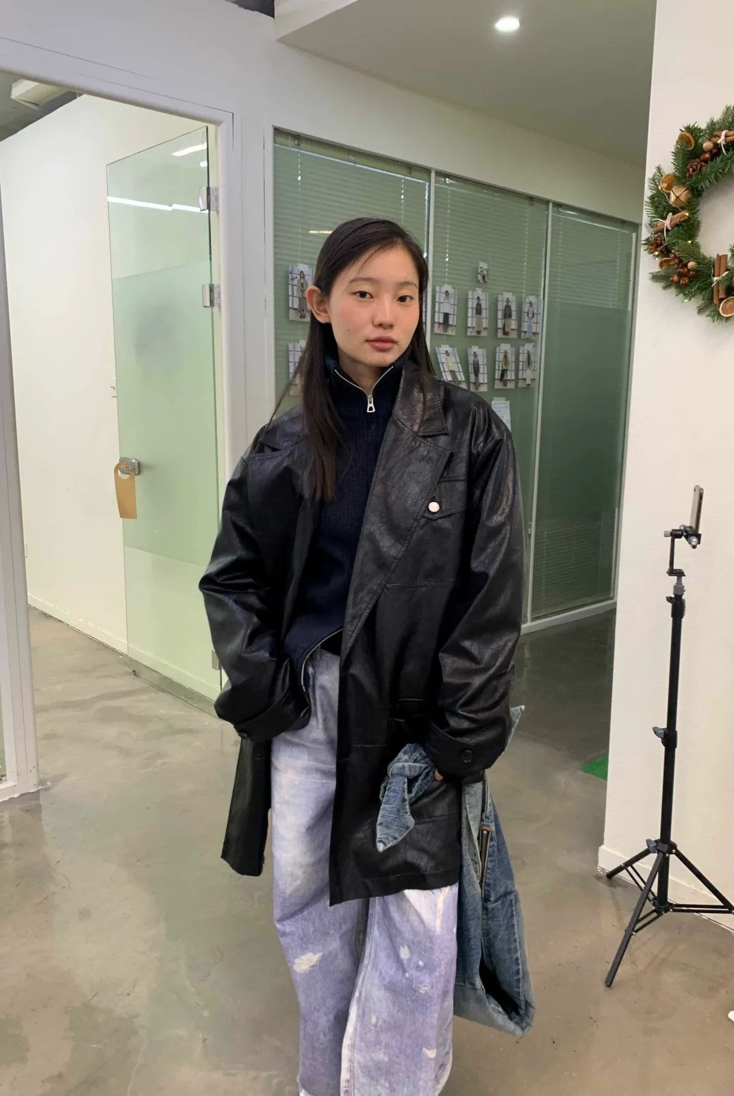 NeverSeez Thinsulate Padded Faux Leather Coat in Black - On Model